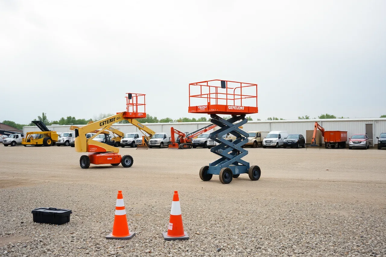 Worker inspecting the base of a boom lift in a rental yard (What CCOHS and CSA standards demand from Canadian equipment hire yards)