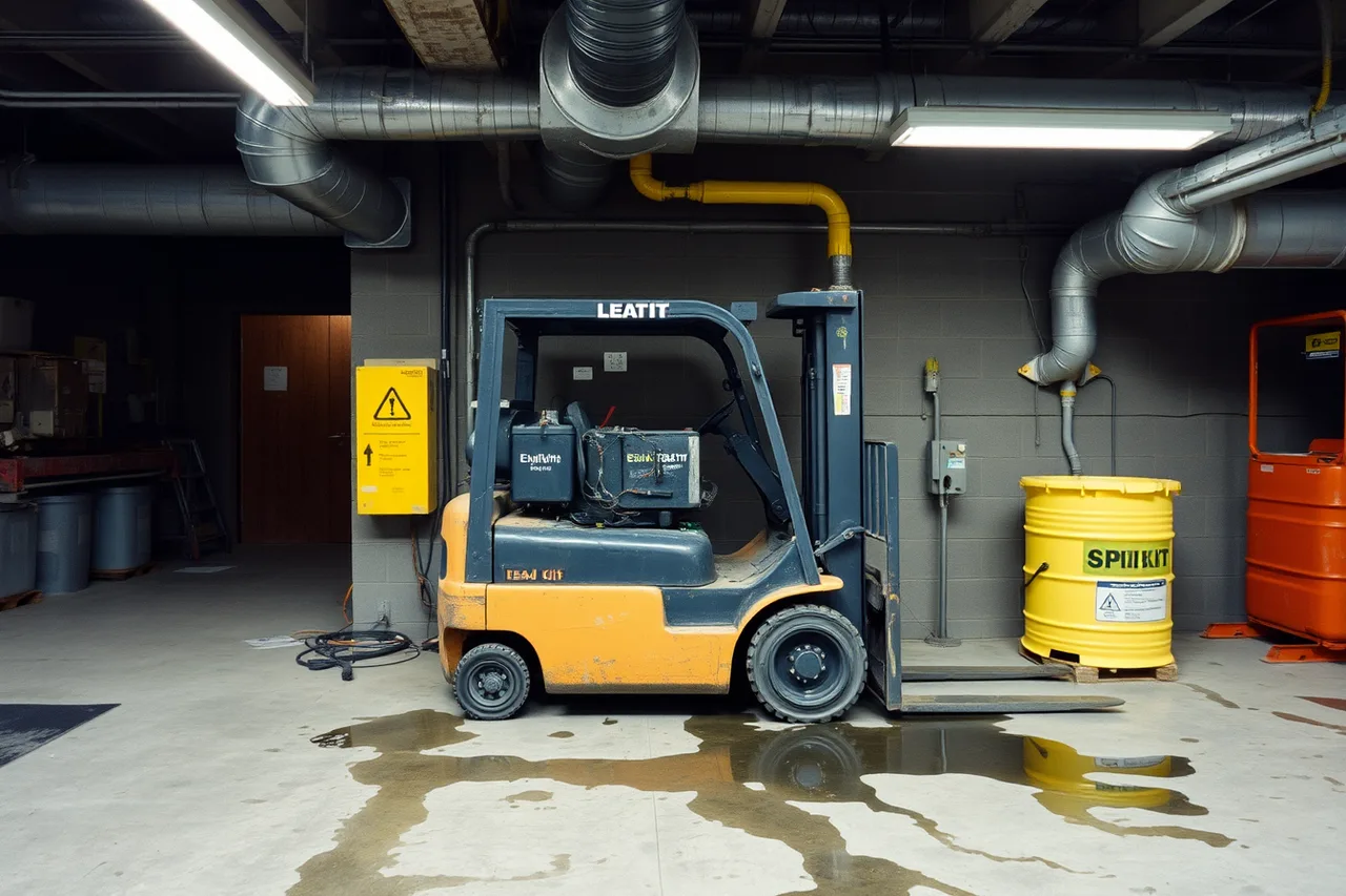 Forklift battery charging bay with eyewash and spill kit (What CCOHS and CSA standards demand from Canadian equipment hire yards)