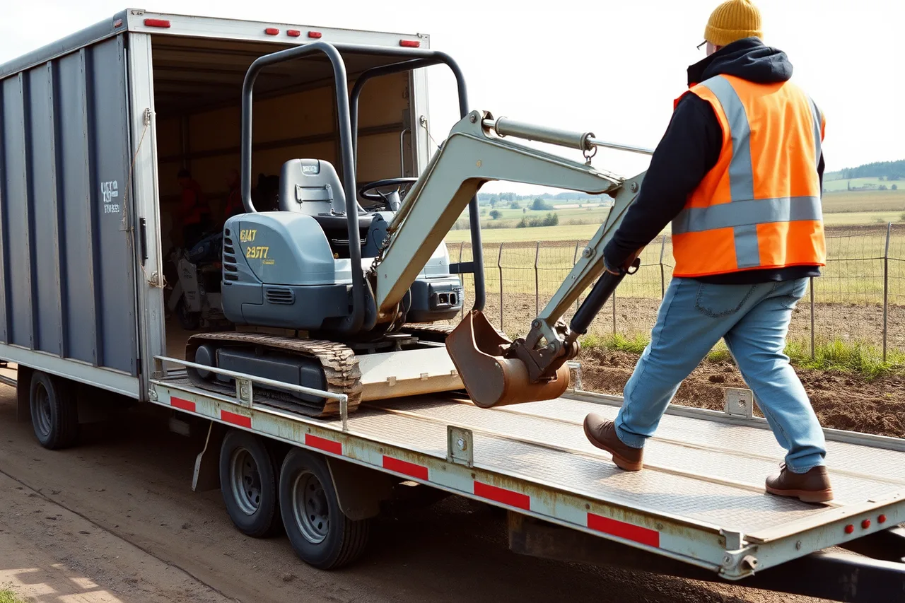 Mini excavator unloaded from delivery truck at a job site (How CRA GST HST rules shape Canadian equipment hire yard invoices)