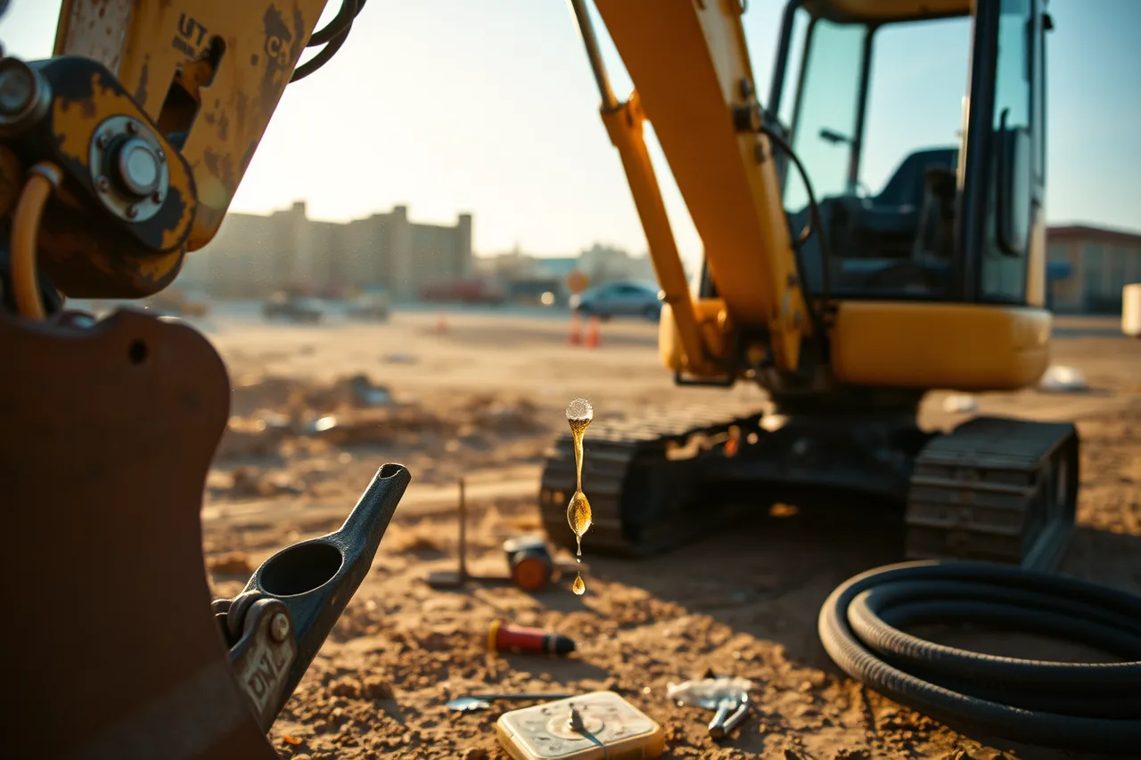 Burst hydraulic hose on a mini excavator at a job site (What equipment rental downtime actually costs once the work gets delivered)