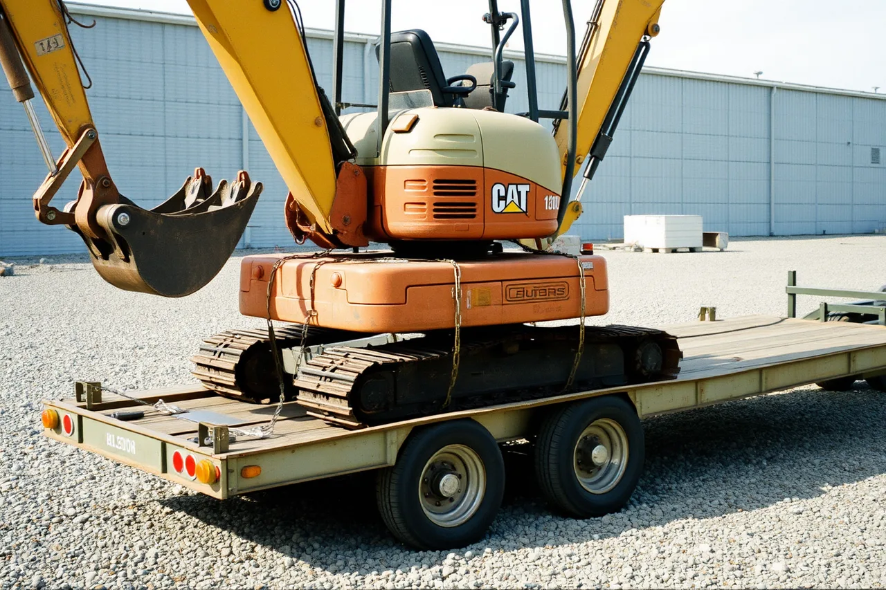 Mini excavator chained to a flatbed trailer (Setting up equipment rental equipment: what the evidence should decide first)