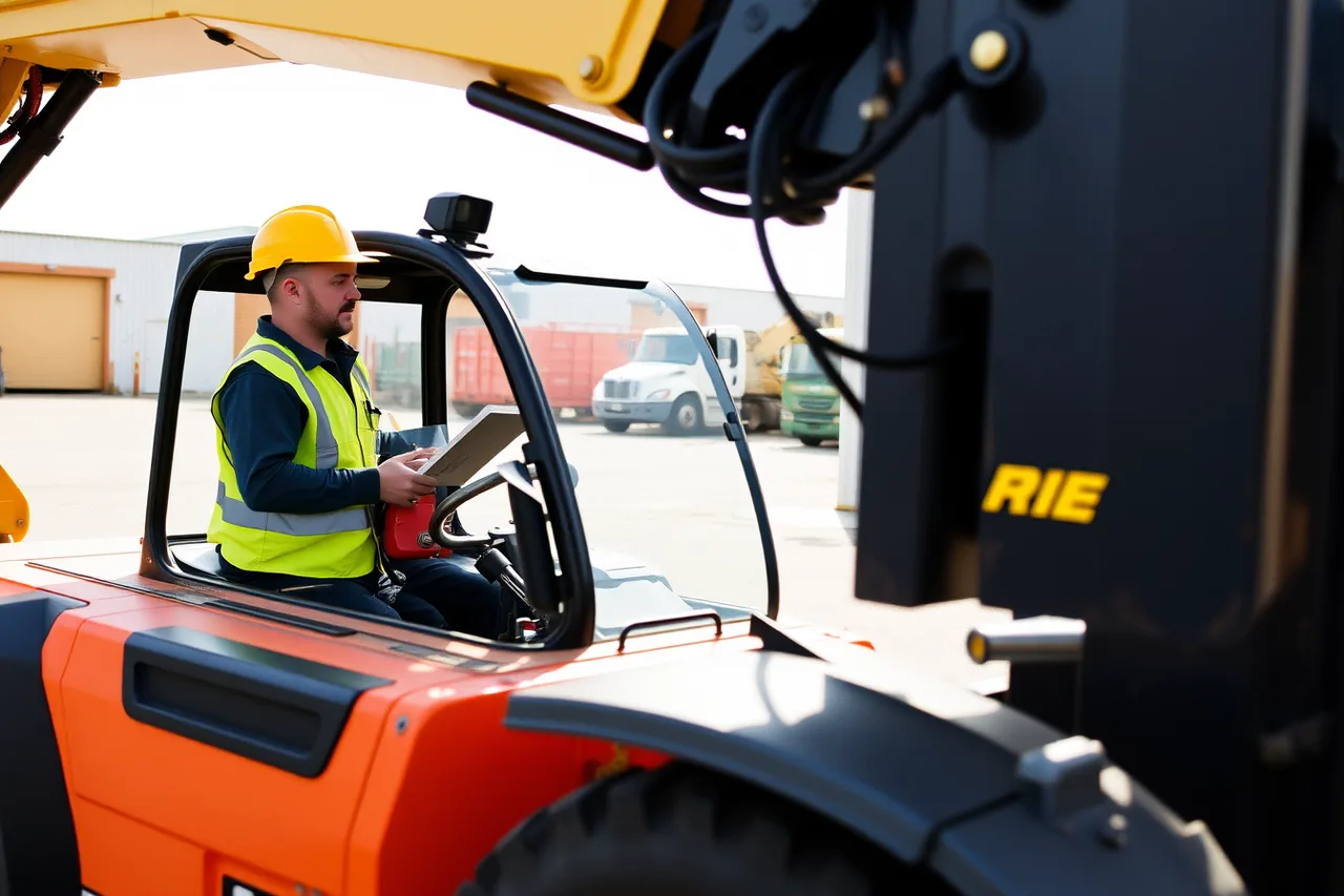 Telehandler operator inspecting the machine before use (Setting up equipment rental equipment: what the evidence should decide first)