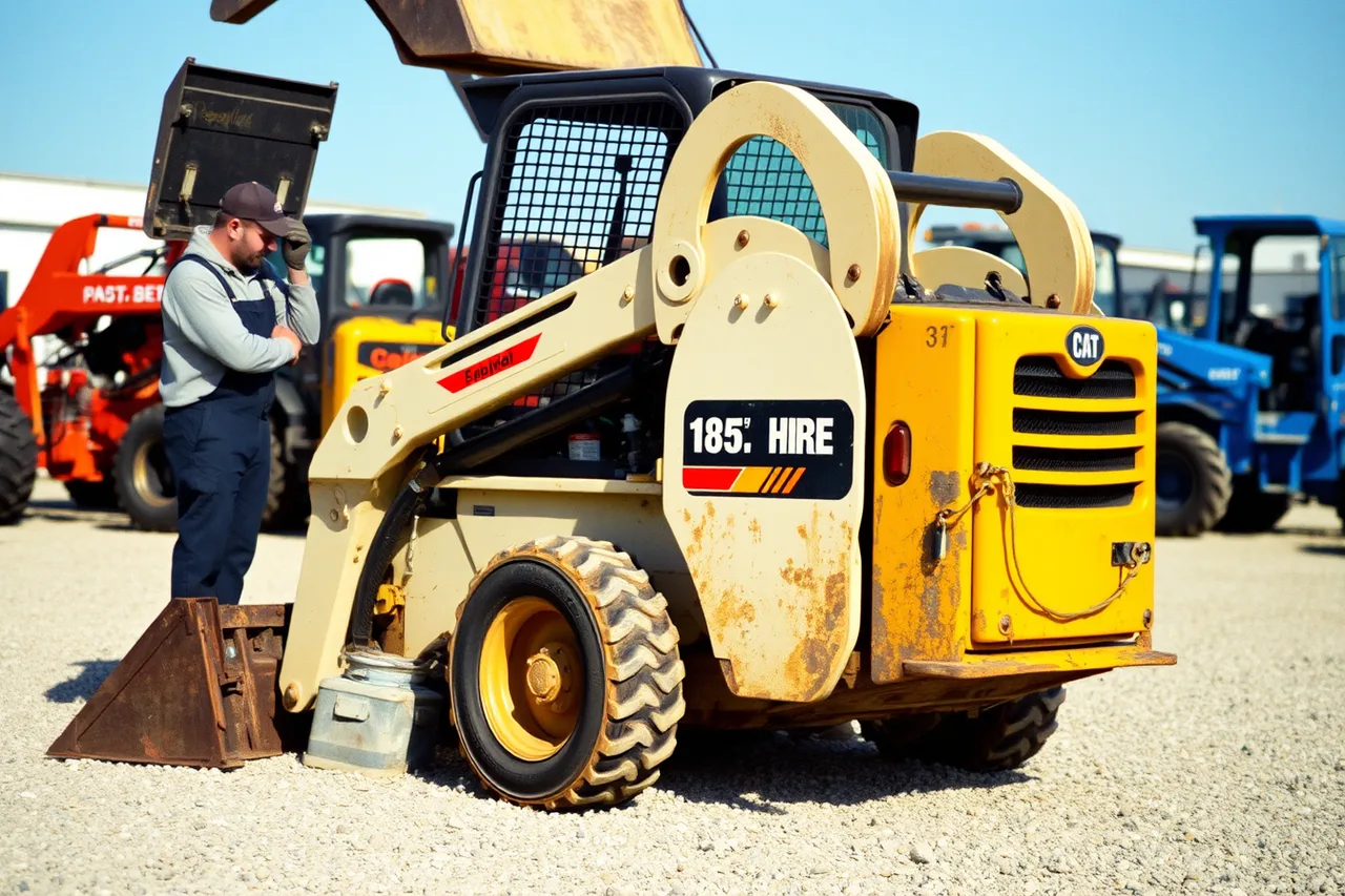 Technician checking hour meter on a skid steer in a hire yard (Before you act on equipment rental preventive maintenance checklist)