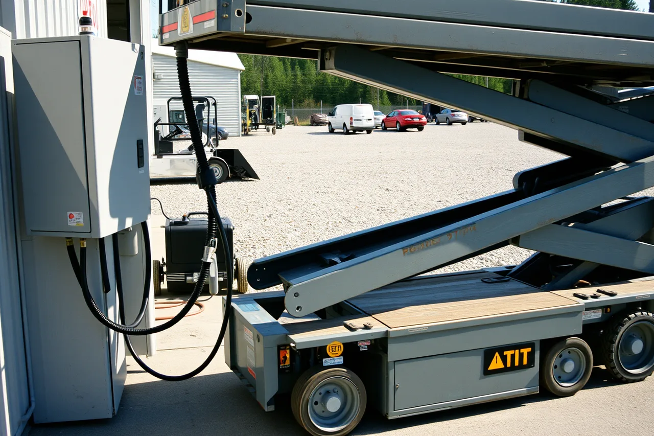 Electric scissor lift plugged into a yard charging station (Reading equipment rental trends before they reach your books in 2027)
