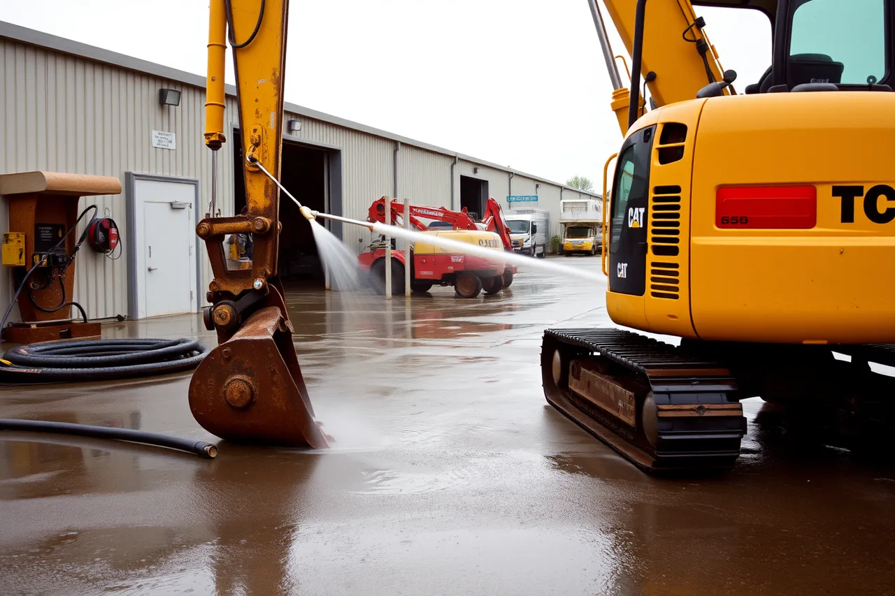 Worker pressure-washing a compact excavator at the wash bay (Reading equipment rental trends before they reach your books in 2027)
