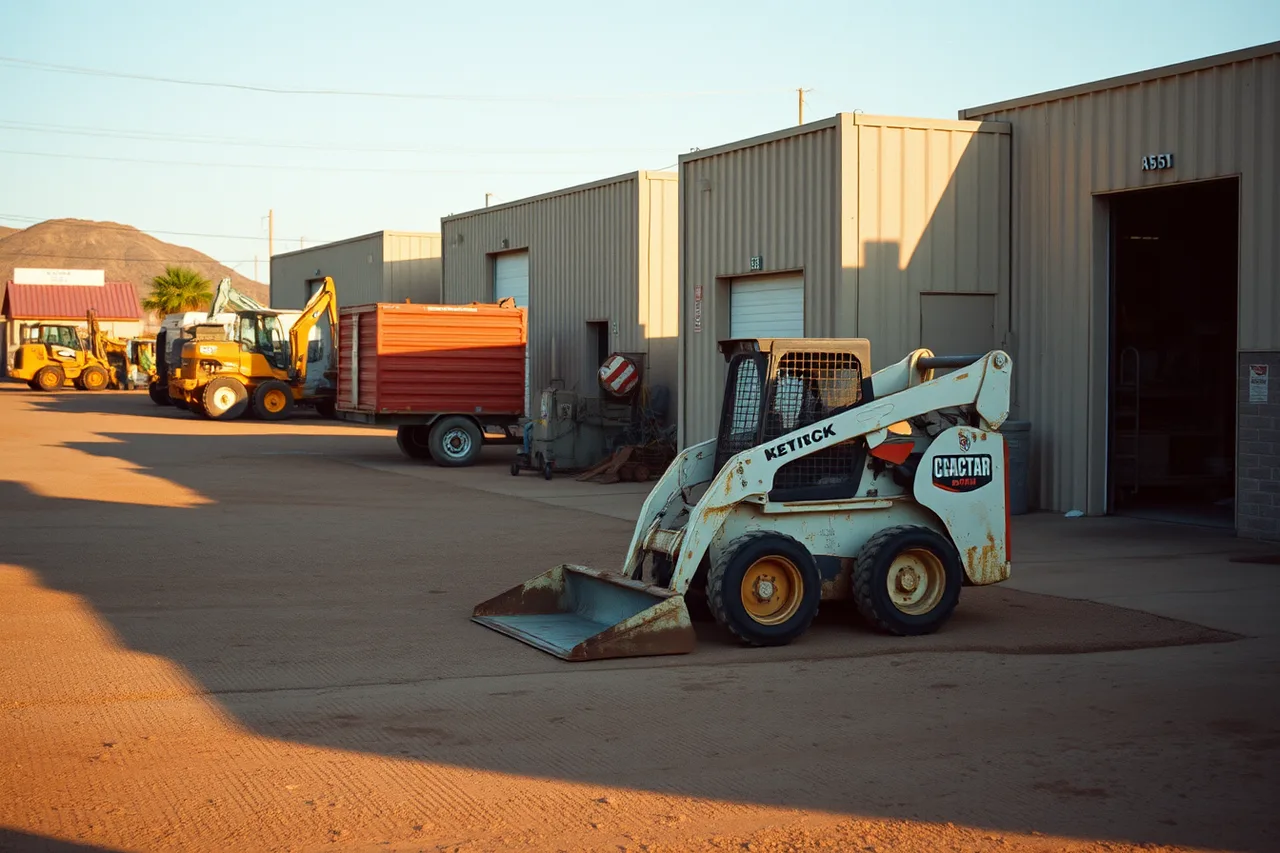Skid steer waiting in a blocked equipment rental yard return lane (5 Equipment Rental Yard Layout Mistakes That Slow Down Returns)
