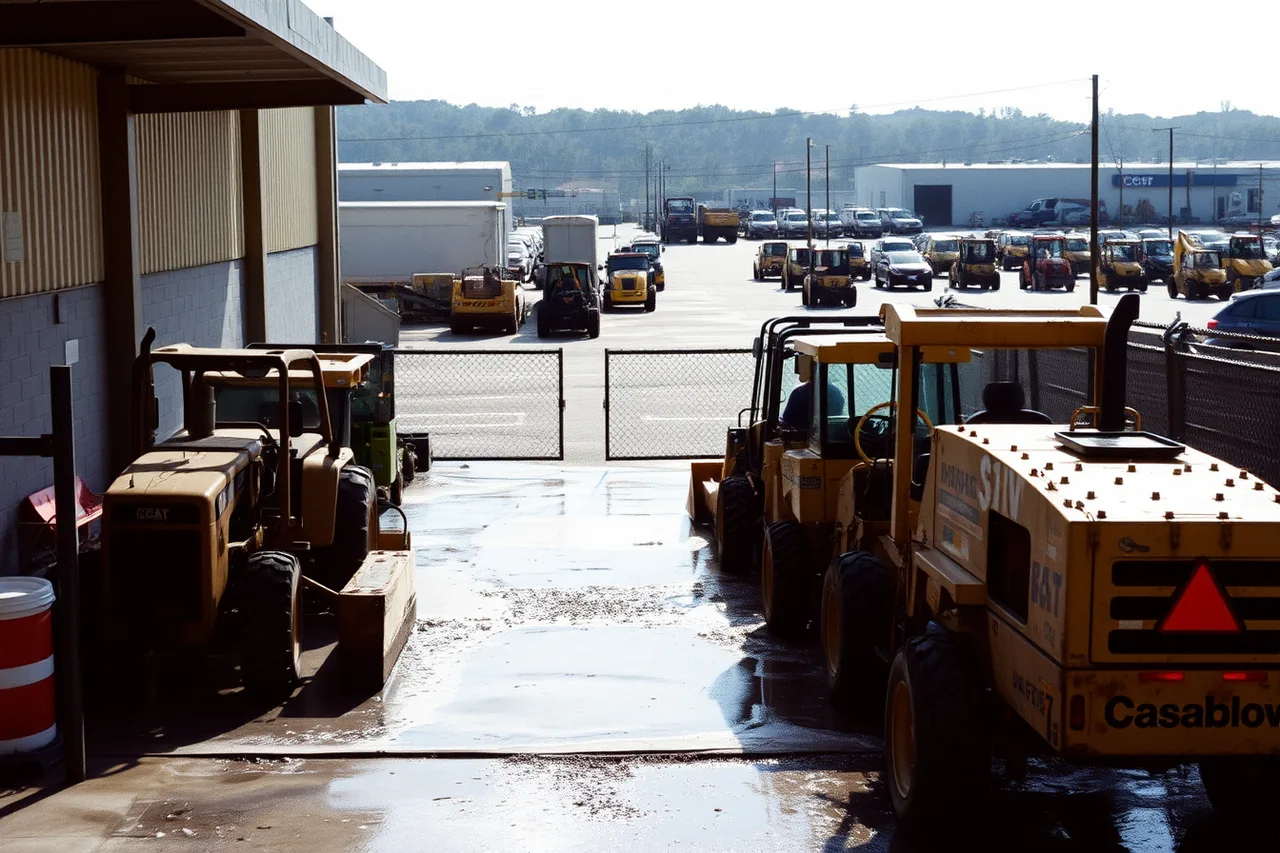 Equipment queued at an undersized wash bay blocking the return lane (5 Equipment Rental Yard Layout Mistakes That Slow Down Returns)