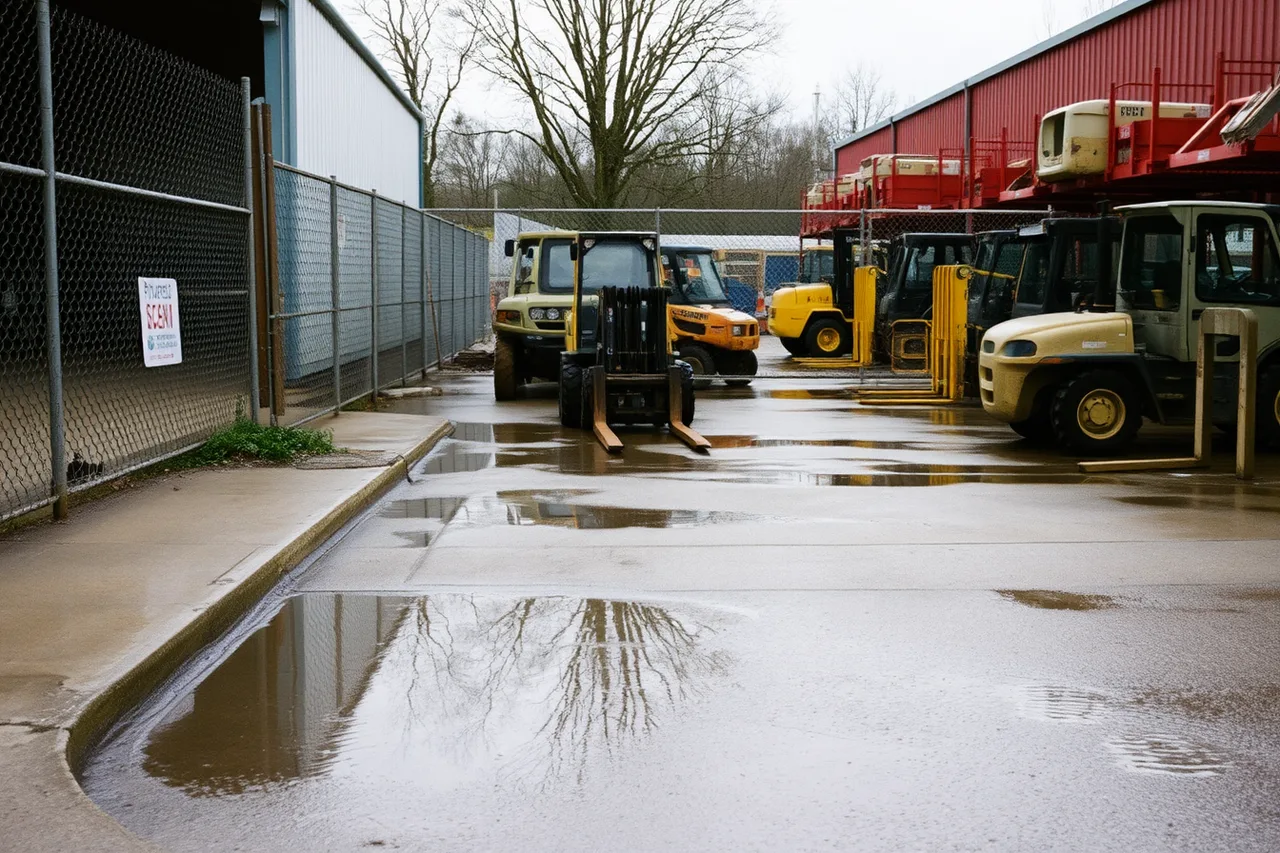 Water pooling in a low corner of an equipment rental yard (5 Equipment Rental Yard Layout Mistakes That Slow Down Returns)