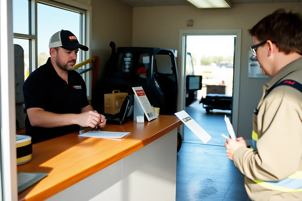 Rental yard counter staff serving a customer at the branch (Local search for an equipment rental business: what to fix)
