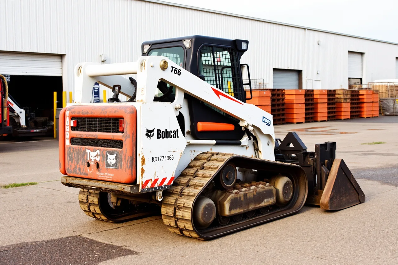 Bobcat T66 tracked loader with bucket and forks in rental yard (Local search for an equipment rental business: what to fix)