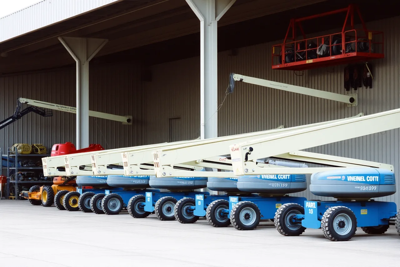 Row of aerial lifts and attachment rack in rental yard (Local search for an equipment rental business: what to fix)