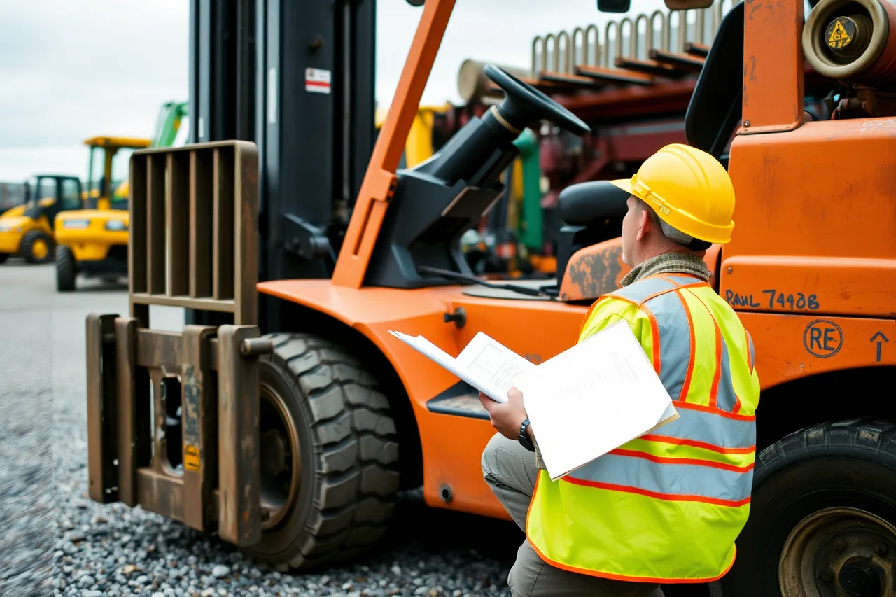 Worker inspecting forklift forks with clipboard in rental yard (OSHA Rules for Equipment Rental Yards: What to Inspect Before a Visit)