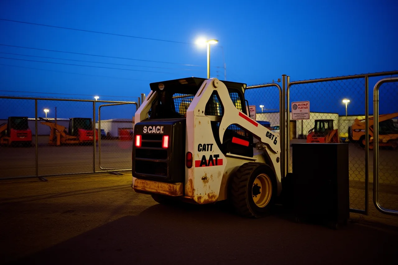 Skid steer parked inside locked yard compound at dusk (How to Prevent Equipment Rental Theft on Your Yard)