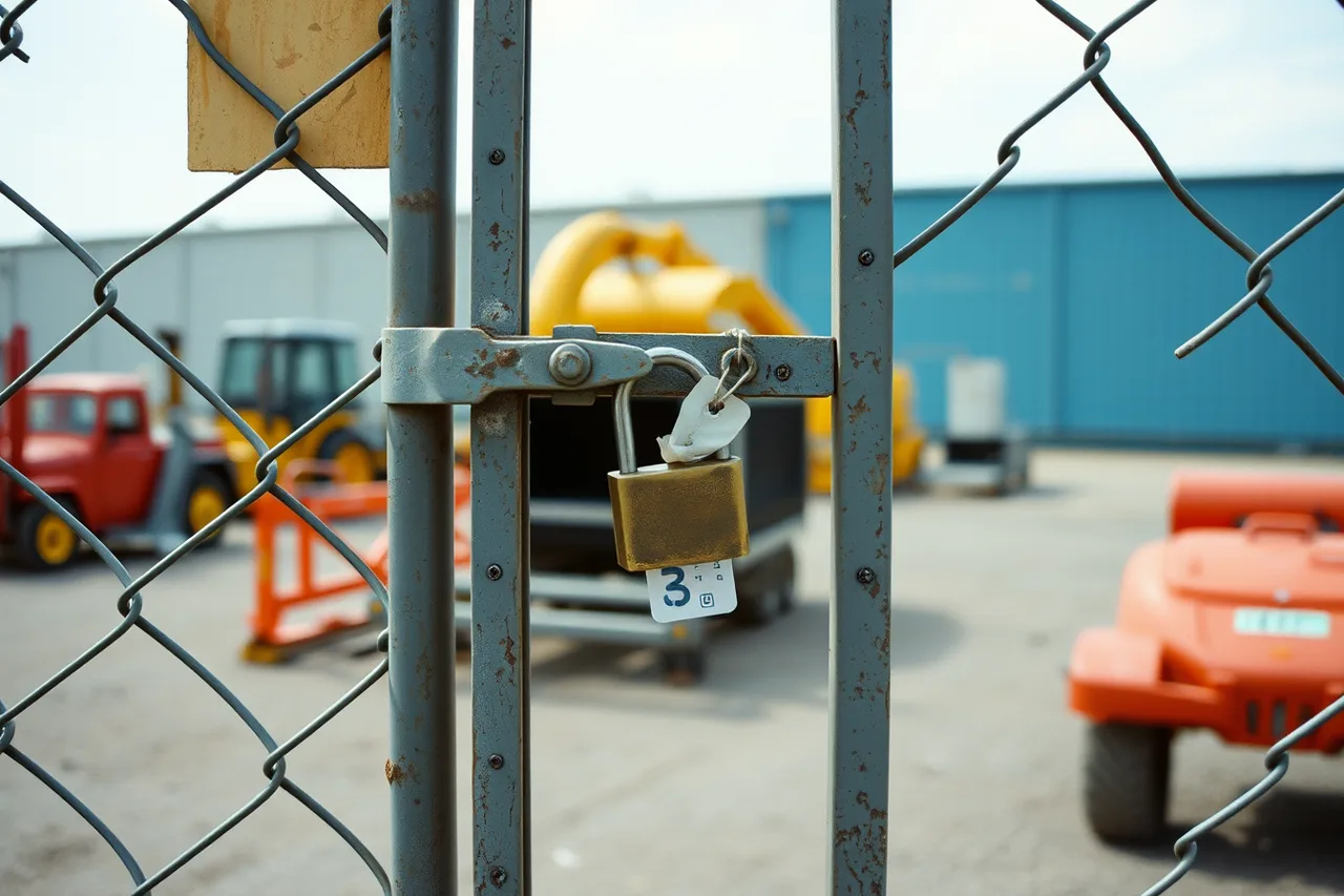 Unlocked gate with numbered lock tag at yard (How to Prevent Equipment Rental Theft on Your Yard)