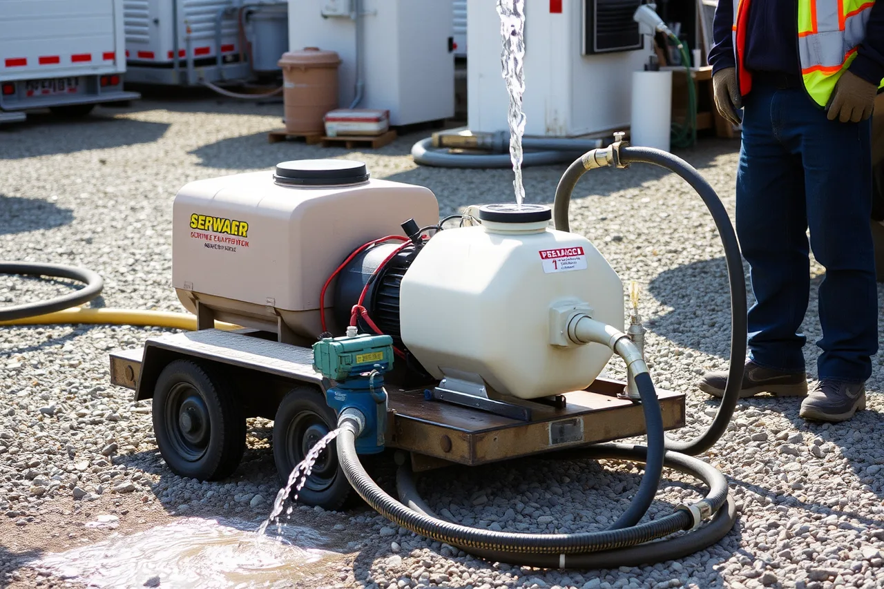 Worker function-testing a portable firefighting pump on a yard pad (4 wildfire season risks for equipment hire yards in BC and Alberta)