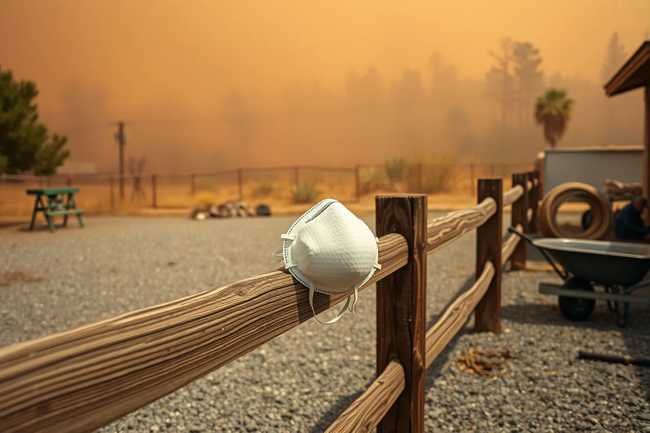 Yard worker in N95 respirator beside loader in thick smoke (4 wildfire season risks for equipment hire yards in BC and Alberta)